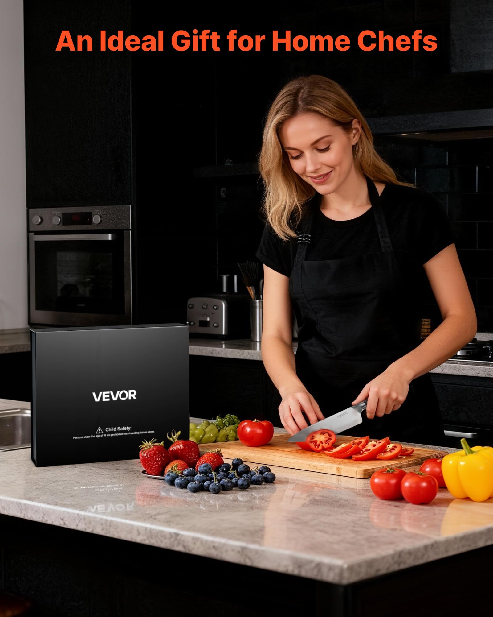 VEVOR Set di Coltelli da Cucina da 5 Pezzi, in Acciaio Inossidabile ad Alto Tenore di Carbonio, Coltello da Cucina con Impugnatura Ergonomica e Resistente alla Rottura per un Taglio Preciso