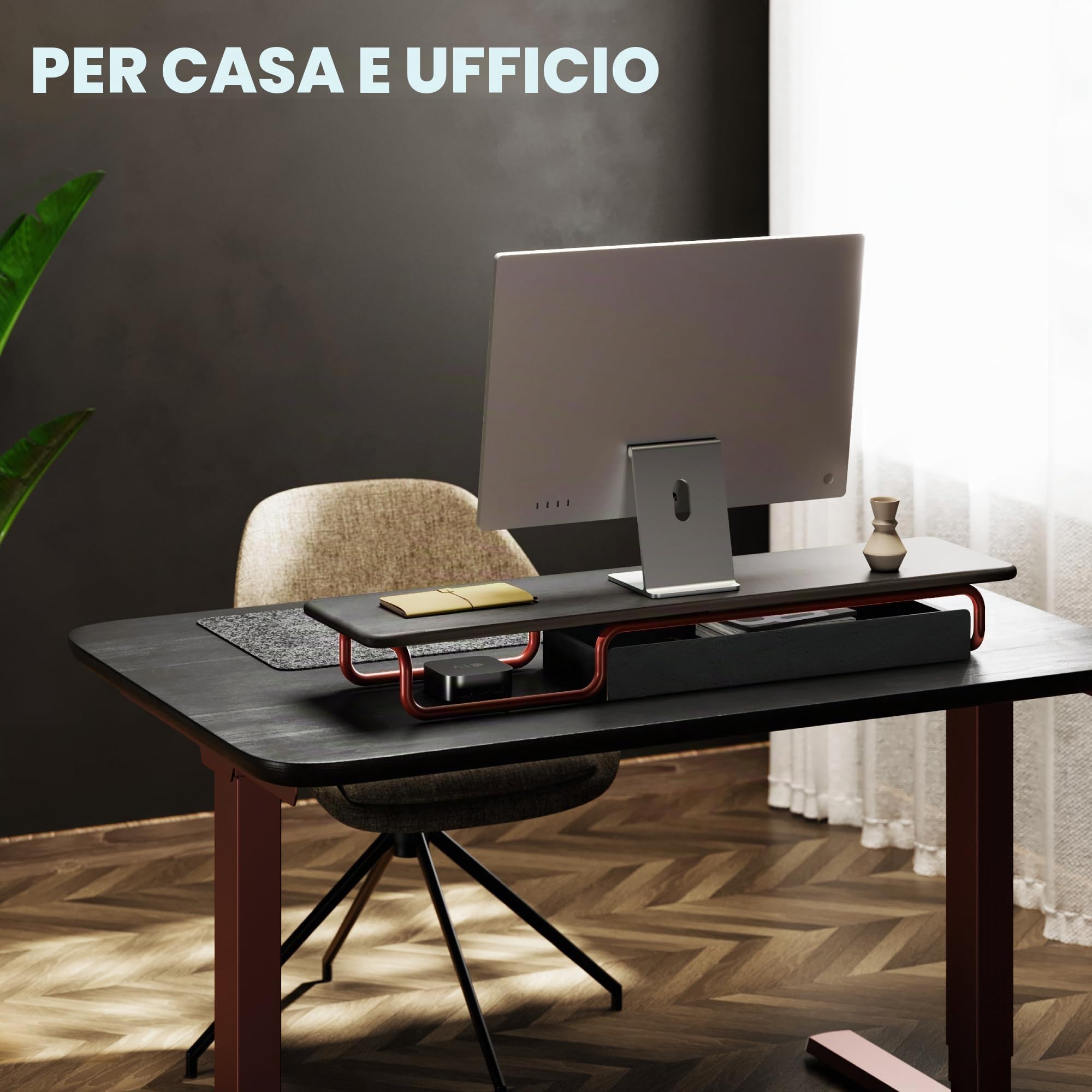 Fenge Supporto Monitor Scrivania, per 2 Schermi, 95x 25x 12,4cm, Legno Massello e Ferro, Non Installazione, fino 50kg, Monitor Stand con Cassetti, Porta PC laptop stampante TV (Nero + Rosso)