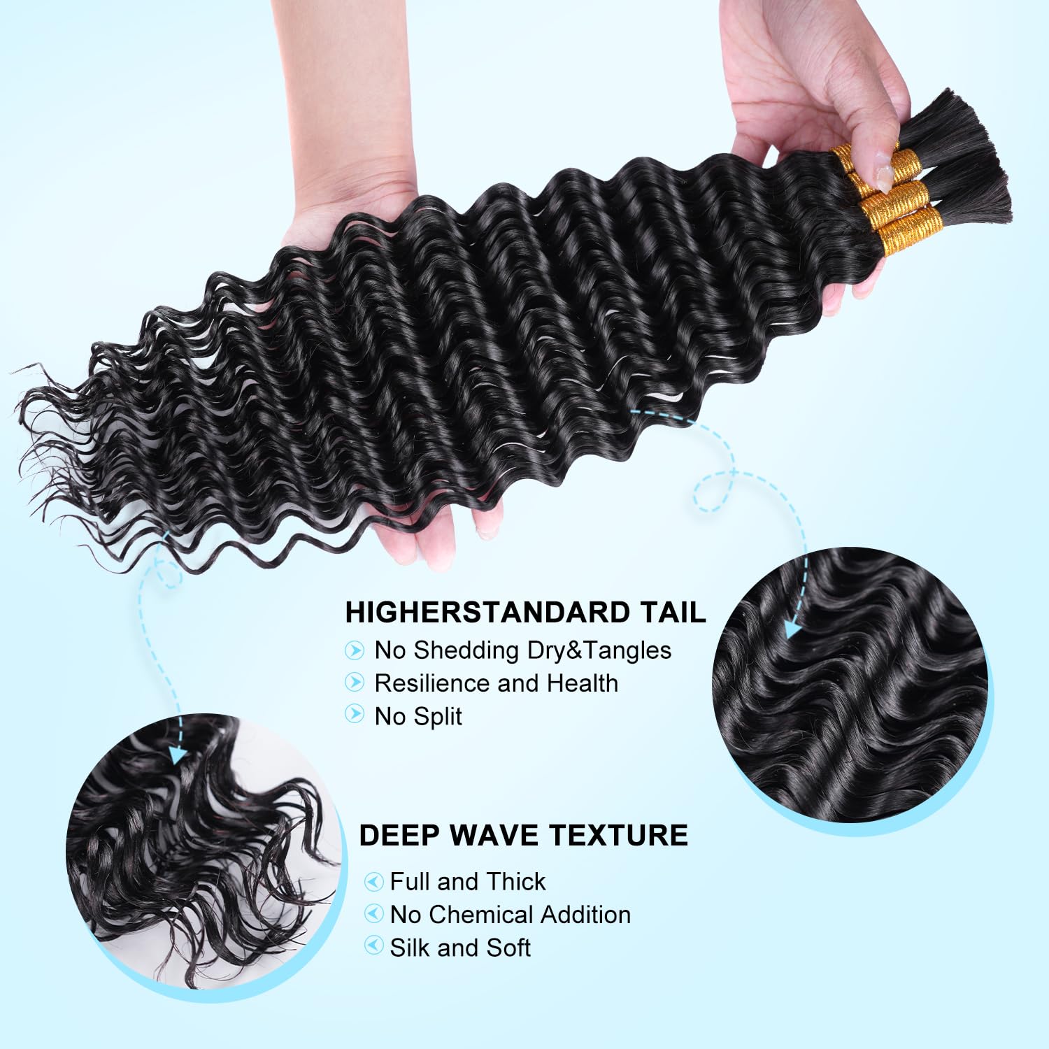 Human Braiding Hair for Boho Braids 150g 5 Bundles/Pack 20 Inch Deep Wave Boho Hair for Braiding Knotless 12A Curly Bulk Bohemian Natural Black