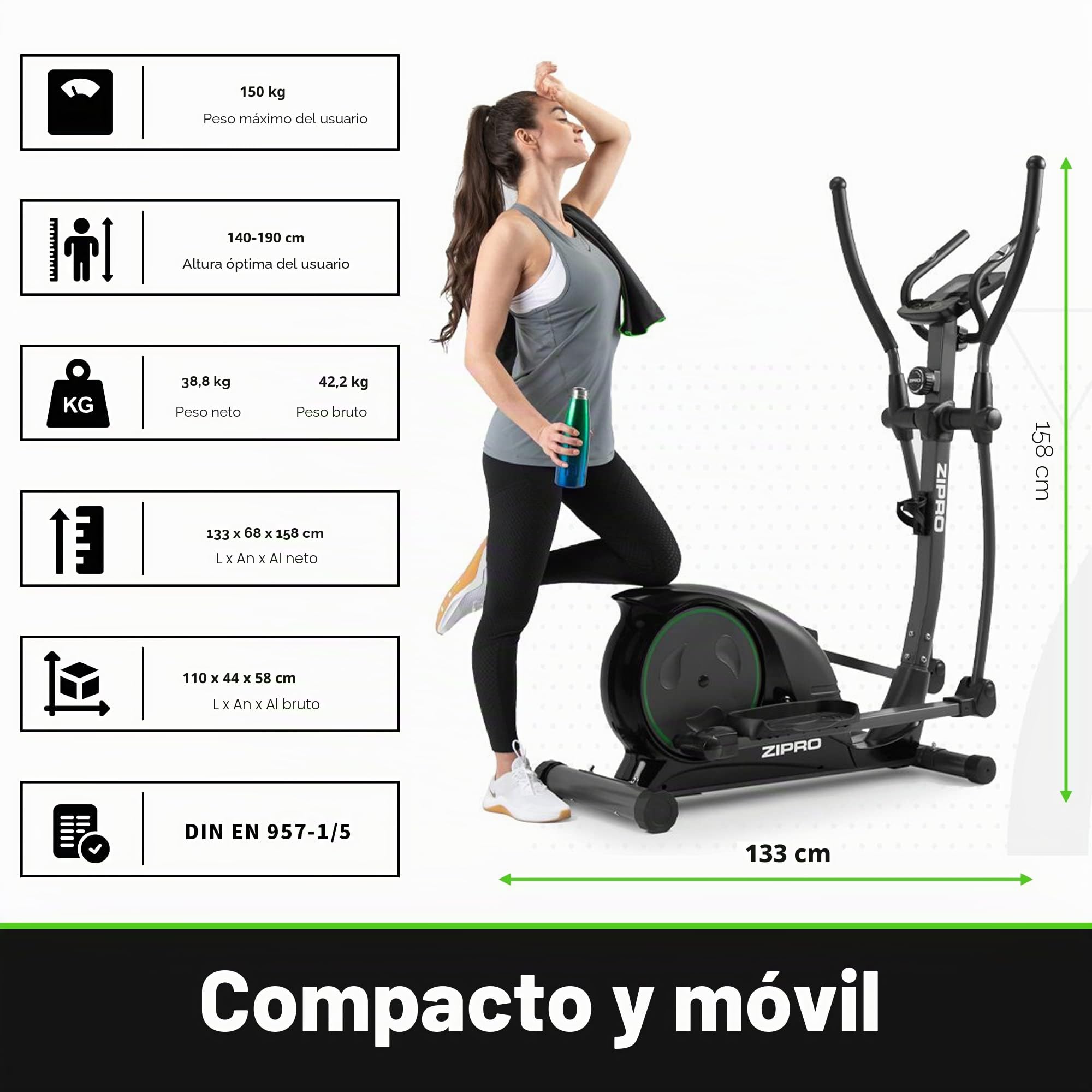 Zipro Elíptica Hulk, Resistencia de hasta 150 kg, Ideal para el hogar, Equipo de Entrenamiento Cardiovascular, máquinas de Ejercicio, Entrenador doméstico, 8 Niveles de Resistencia