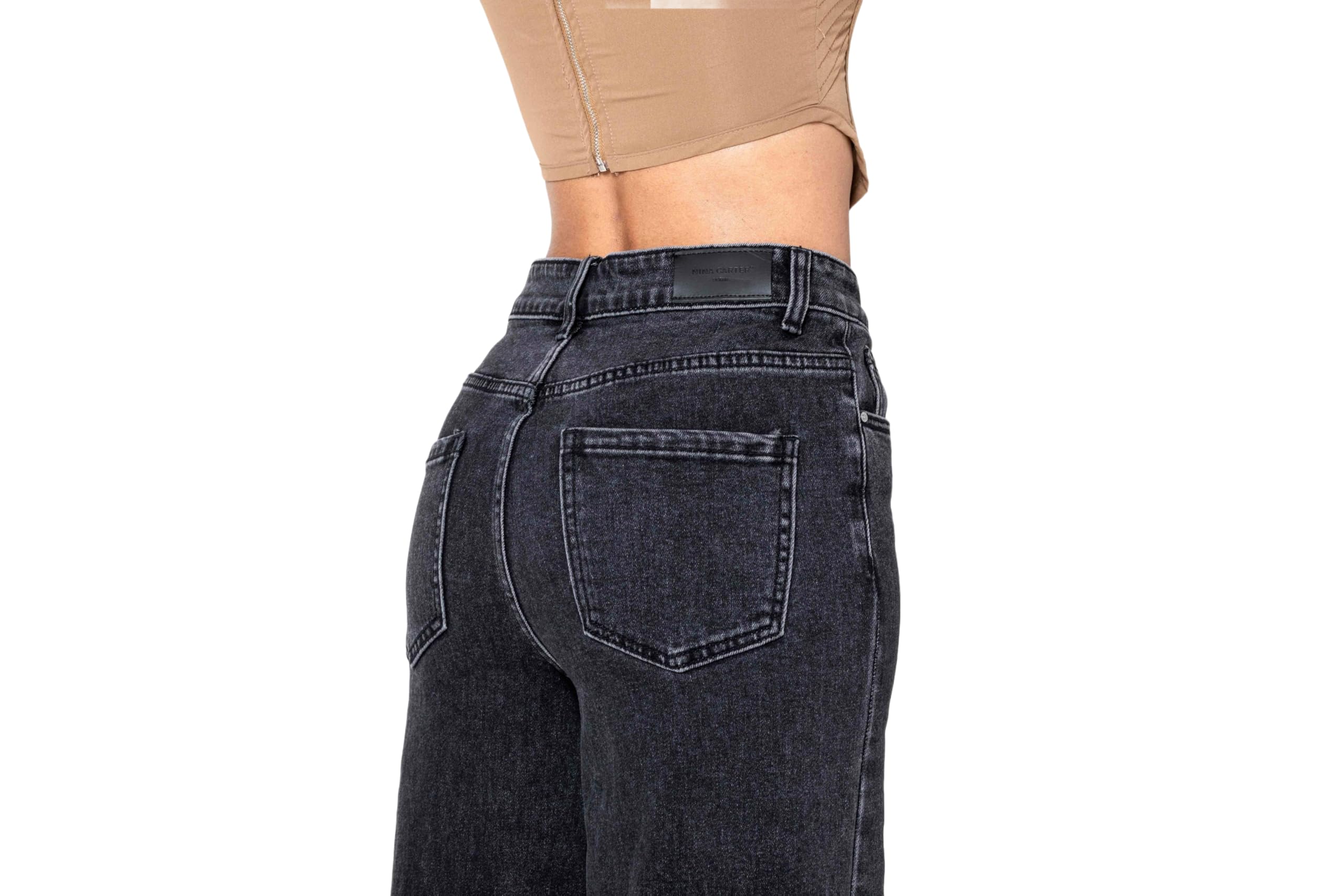 Nina Carter YY300 Pantalones vaqueros de cintura alta para mujer, pierna ancha, elásticos, aspecto desgastado