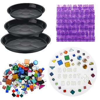 5 Pcs 3 Size Stepping Stone Kit for DIY Outdoor Garden Stepping Stone Includes Cement Molds Mosaic Tiles and Concrete Letter Stamps No Concrete MixBlack