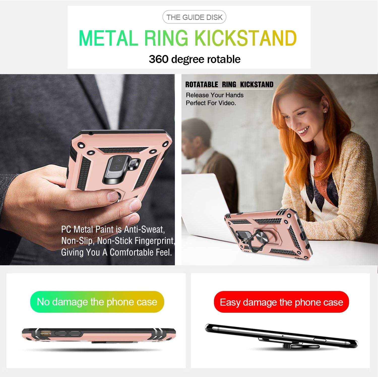 Compatible for Samsung Galaxy S9+ Case (No fit for S9) with 3D PET Screen Protector, Gritup Military-Grade Shockproof Protective Phone Case with Magnetic Kickstand Ring for Samsung S9 Plus Rose Gold