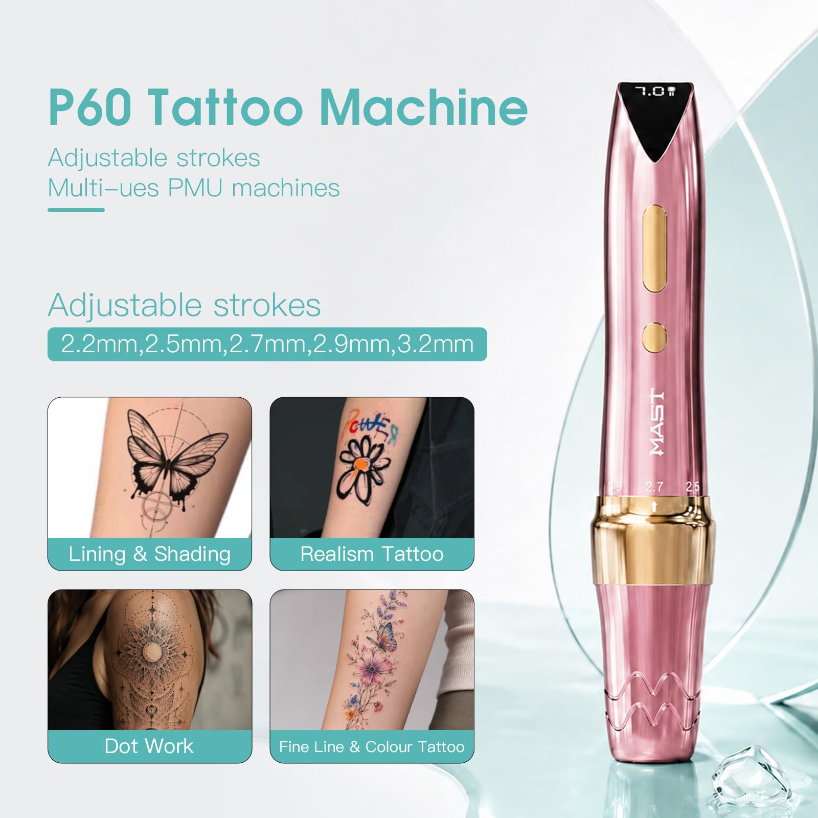 Mast P60 Kabellose Tattoo Maschine Rotary Microblading Wireless Slim Pen Adjust Stroke 2.2-3.2mm Digital Display Akku Tätowiermaschine für Augenbrauen Eyeliner Lippen, Scalp, Small Tattoo