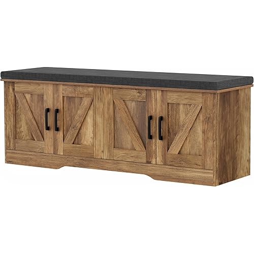 HOMSHO 2-Tier Storage Bench, 47.2" Wide Shoe Bench with Padded Seat Cushion, Entryway Bench with 4 Barn Doors and Adjustable Shelf, Rustic Walnut