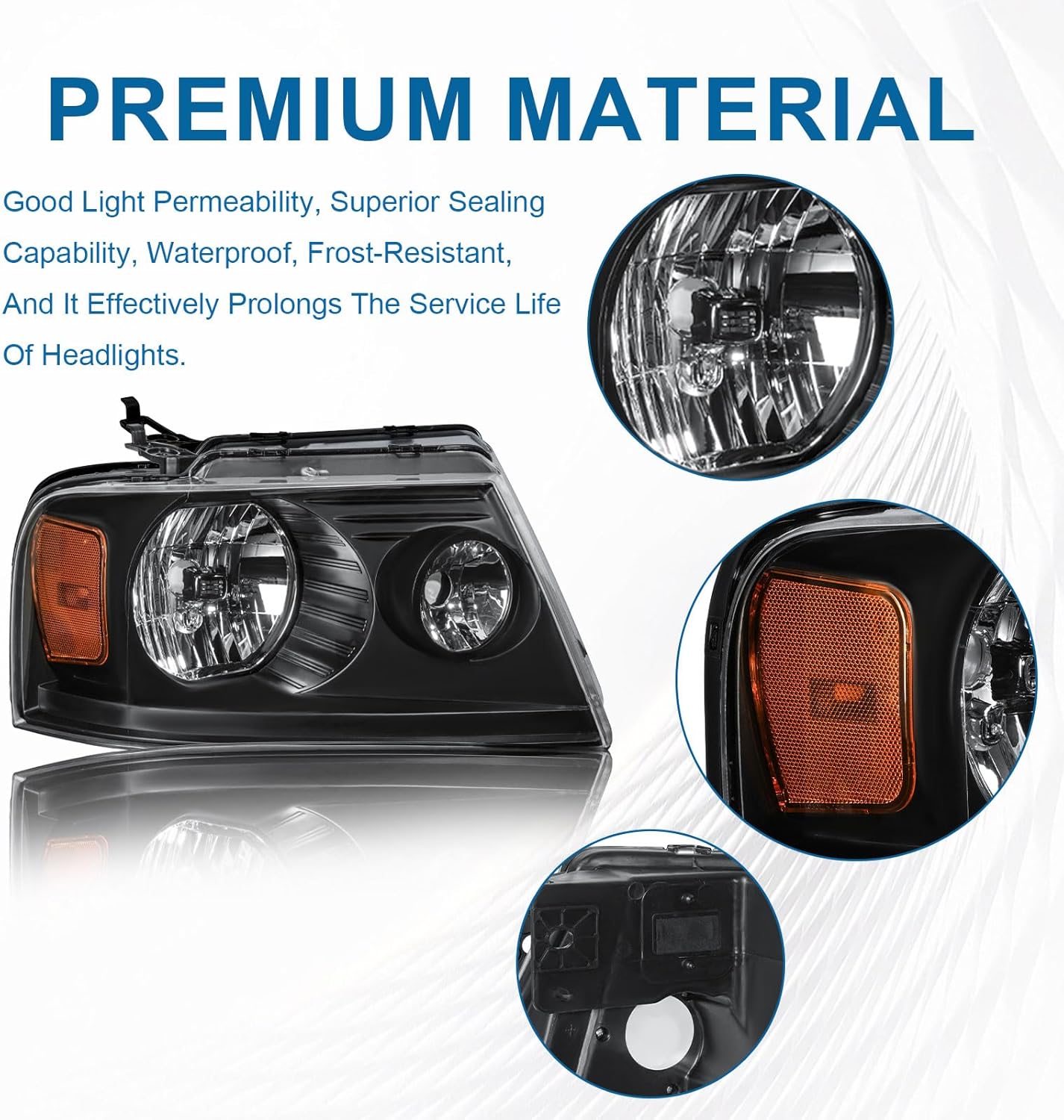 Headlights for 2004-2008 Ford F150 / 2006-2008 Lincoln Mark LT Pair Front Lights Replacement Headlamps Black Housing Amber Reflector