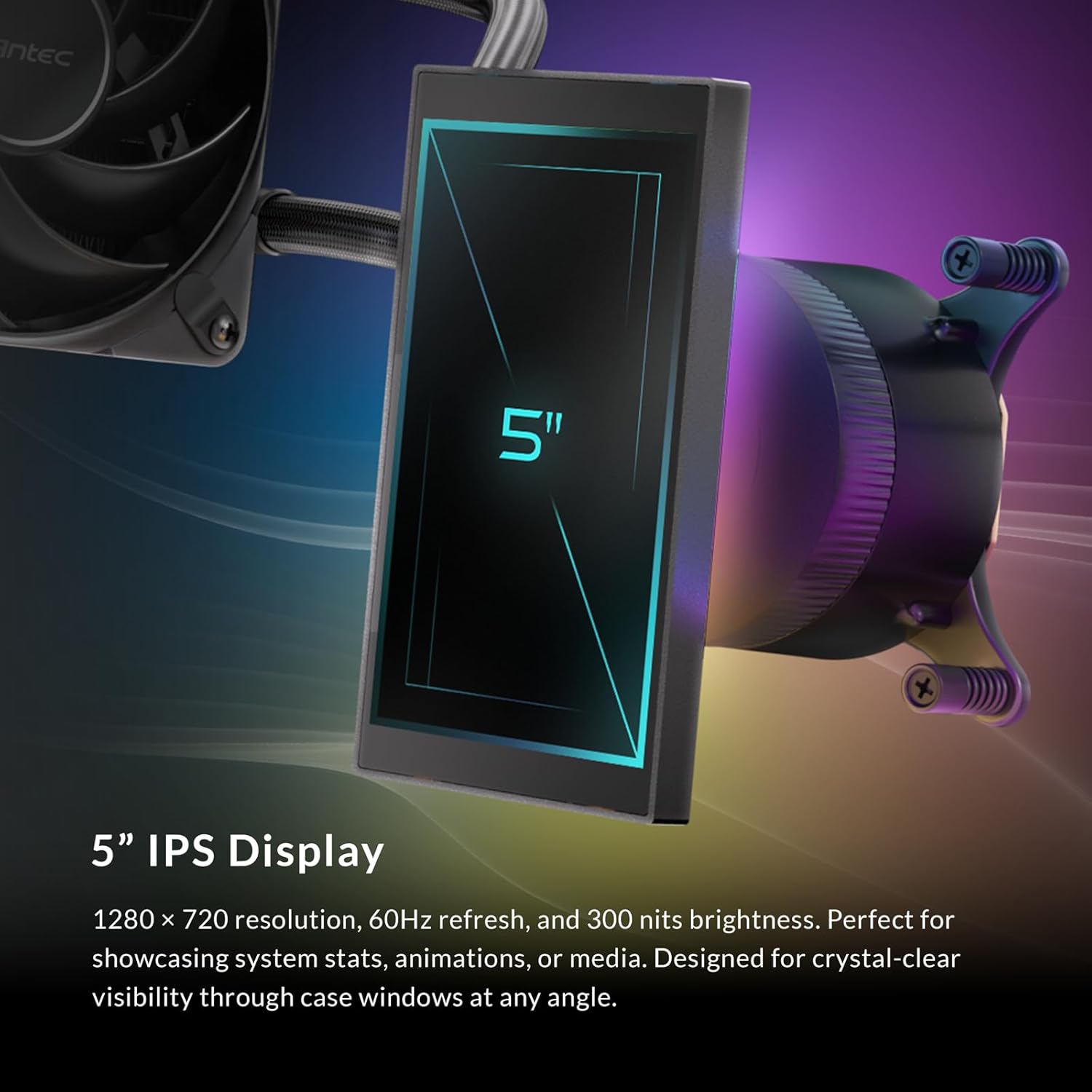 The 5-inch IPS display of the Antec Vortex View 360 AIO cooler showing its dimensions and clear visibility.