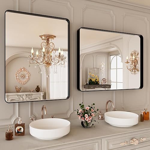 Miniatura 3 de ISTRIPMF Espejo de tocador de baño negro de 28 x 36 pulgadas, espejo rectangular redondeado negro mate para pared de baño, vidrio templado,