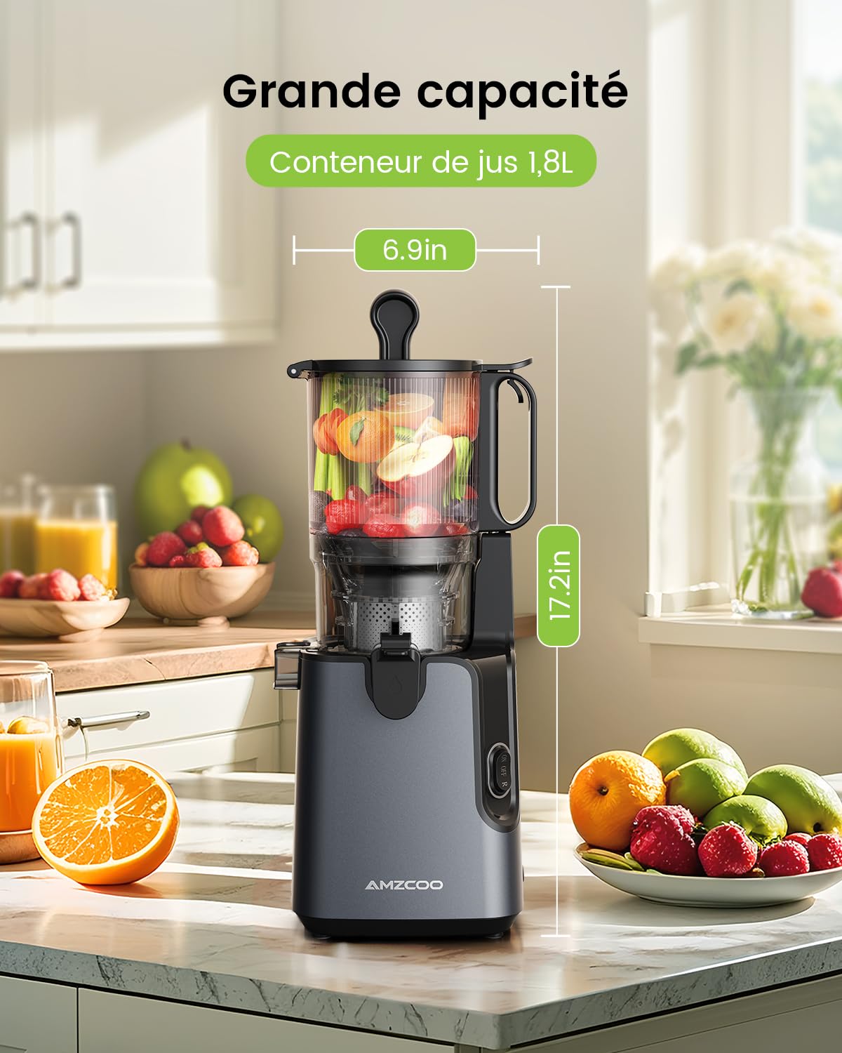 Slow Juicer, extracteur de jus de 130 mm et récipient à jus de 1,8 l, presse à froid pour légumes et fruits entiers, facile à installer et à nettoyer, sans BPA
