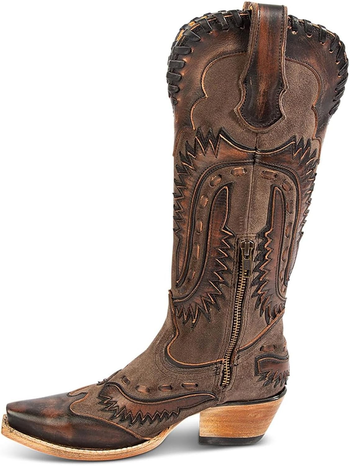 Yishaweiqi Embroidered Cowboy Boots for Women Mid Calf Cowgirl Boots Side Zipper Chunky Heel Snip Toe Knee High Western Boots
