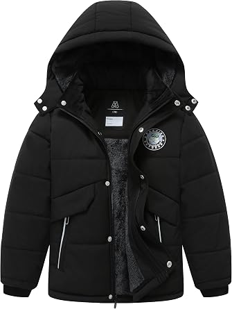 Boys Waterproof Winter Jacket Warm Puffer Coat Fleece-Lined Insulated Outerwear with Detachable Hood Parka for Kids