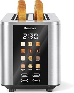 Kenmore 4-Slice Long Slot Toaster | Color Touch Screen & 6 Shade Settings | Extra Wide Slots | Digital Timer | Customizable Smart Presets | Reheat, Defrost, Add Time Functions | Stainless Steel