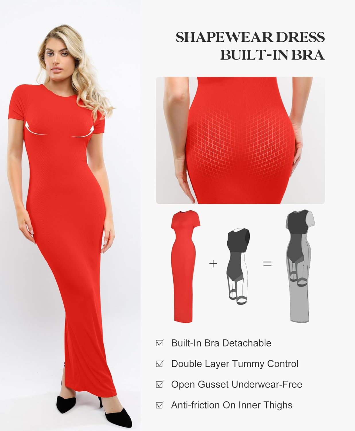 Popilush Shaperwear Dress Built-in Bra Women's Casual Lounge Dress with Zipper Short Sleeve Mock Neck Bodycon Dresses