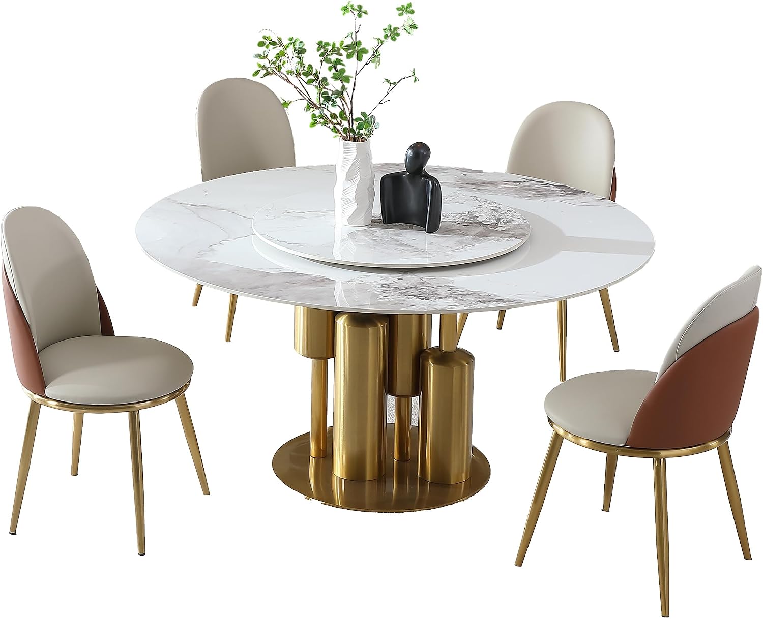 59" Round Sintered Stone Dining Table Golden White Stainless Steel Base Compact Space Lazy Susan