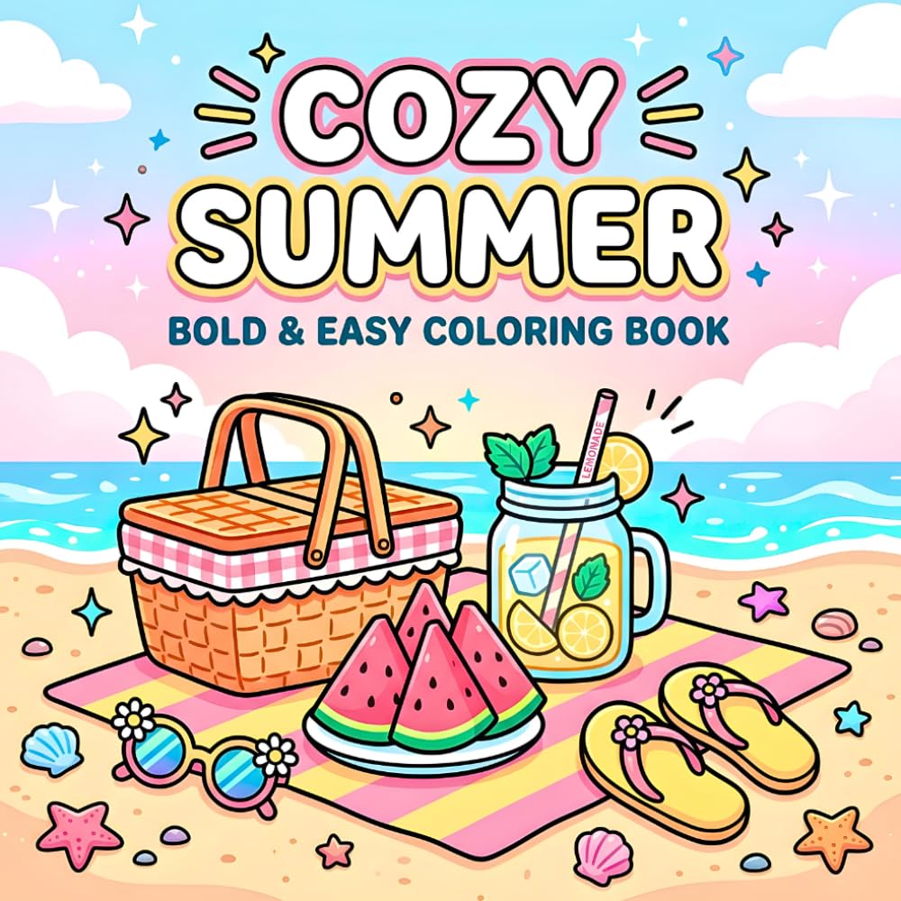 Cozy Summer Coloring Book for Adults & Teens: Bold and Easy Coloring Book with Cute Kawaii Designs, Simple Relaxing Summer Pages for Stress Relief (Cozy Vibes Coloring Series)
