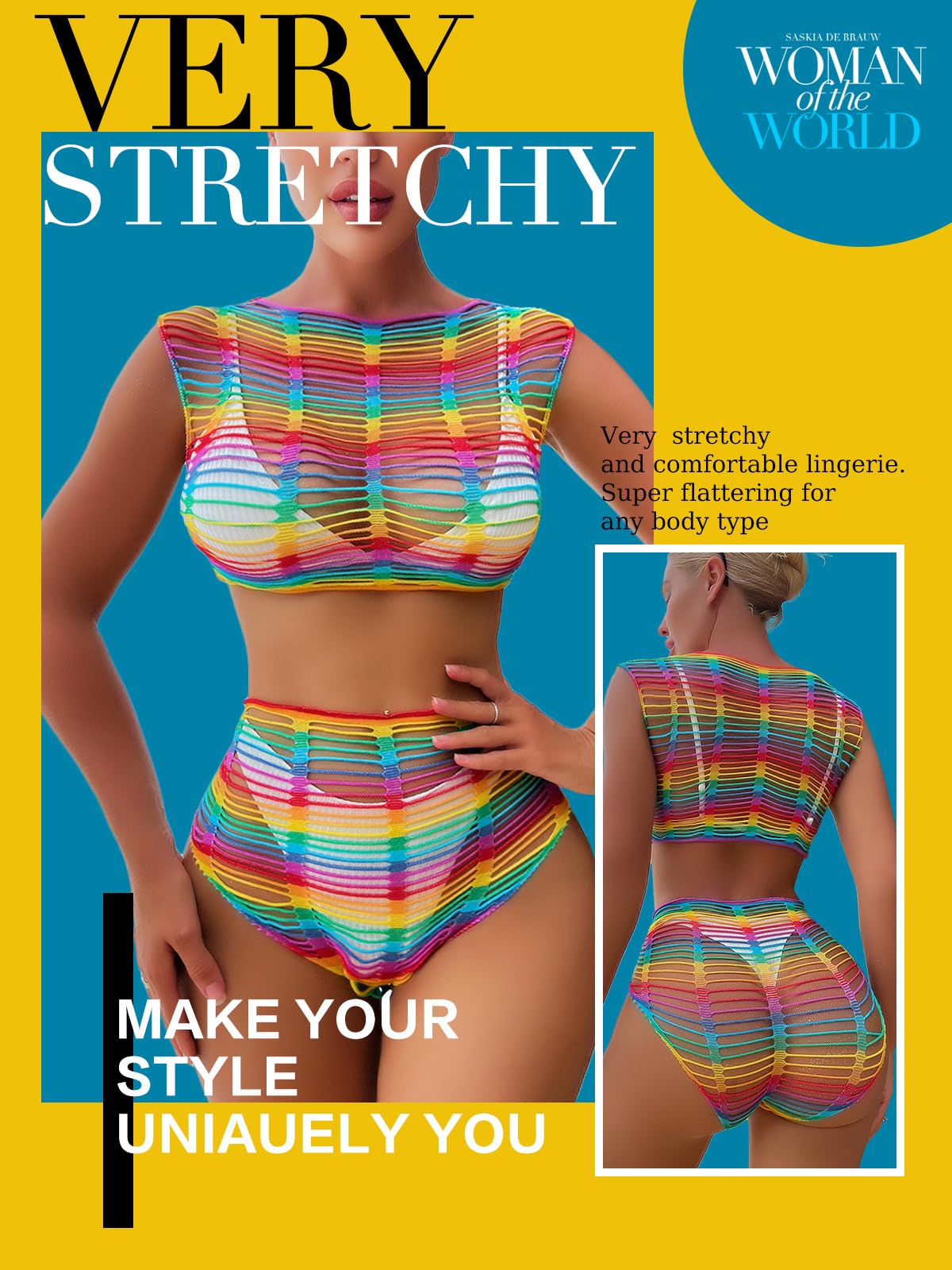 FasiCat Women's Mesh Lingerie Fishnet Babydoll Mini Dress Bodysuit See Through Shirts Long Sleeves Lingerie Bodysuit Cover Up: Rainbow1105