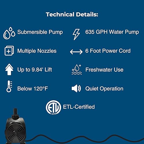 Miniatura 5 de Teamson Home Bomba de agua sumergible ajustable de 635 GPH de 50 W con un cable de alimentación de 6 pies y 3 boquillas diferentes para peceras,