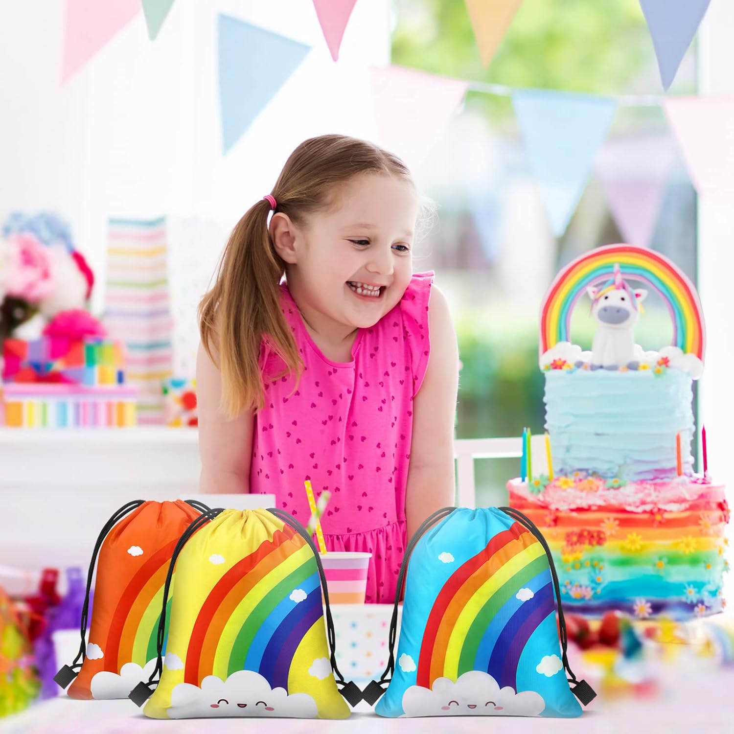 Ferraycle 24 Pcs Rainbow Party Favor Bags Rainbow Birthday Party Supplies Drawstring Bags Goodie Candy Treat Gift Backpack Colorful Decorations for Girls Kids Birthday - Image 2