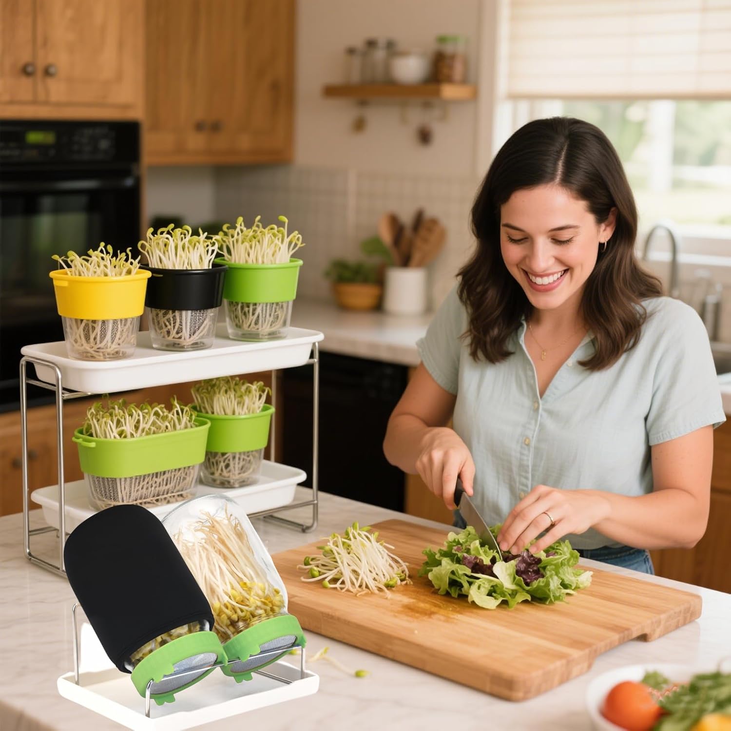 Lulonpon Sprouting Kit, 4 Sprouting Jar Kits, Wide Mouth Quart Mason Jars with Stainless Steel Screen Sprout Lids,1000ml Sprouts Growing Kit, Seed Sprouter Set for Growing Broccoli, Bean, Alfalfa