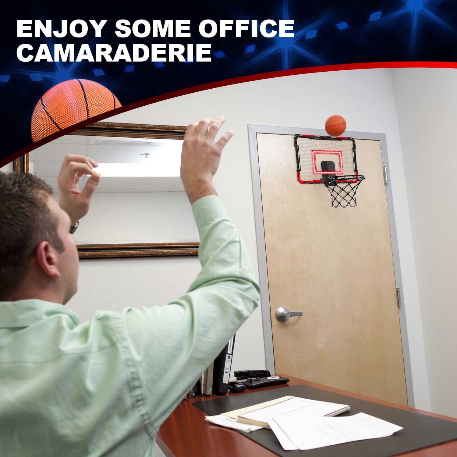 TOY Life LED Indoor Basketball Hoop for Kids, Over The Door Basketball Hoop Indoor Wall Mount with LED Scoreboard 4 Balls&Inflator, Basketball Game Toy for 3-9 Year Old