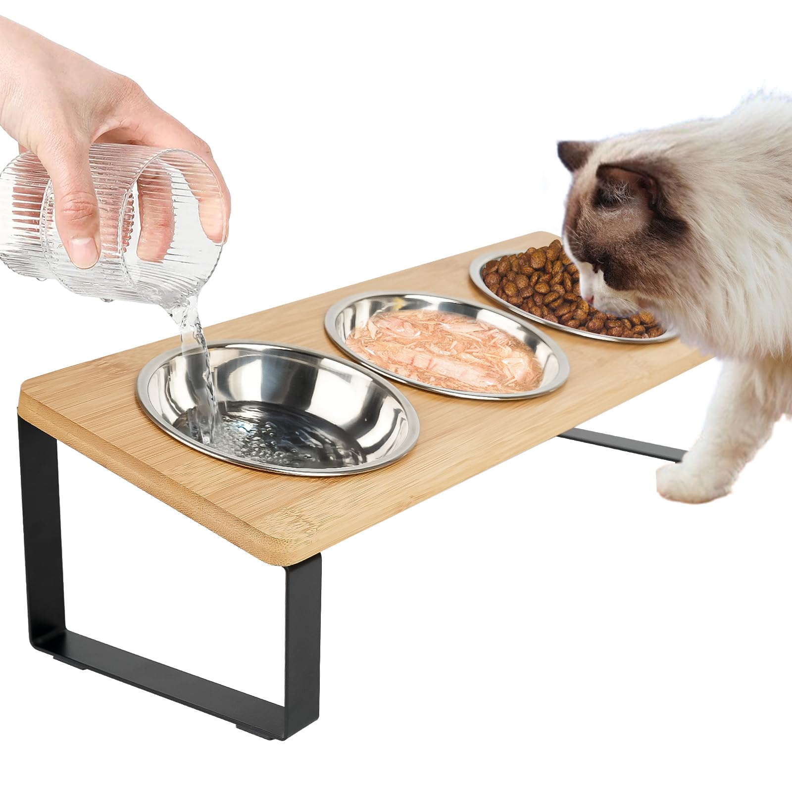 Erhöhte Katzennäpfe mit 3 Edelstahlnäpfen, 15° geneigt Erhöhter Katzennapf Set, für Indoor-Katzen für kleine Katzen und Welpen Haustierschalen mit Ständer