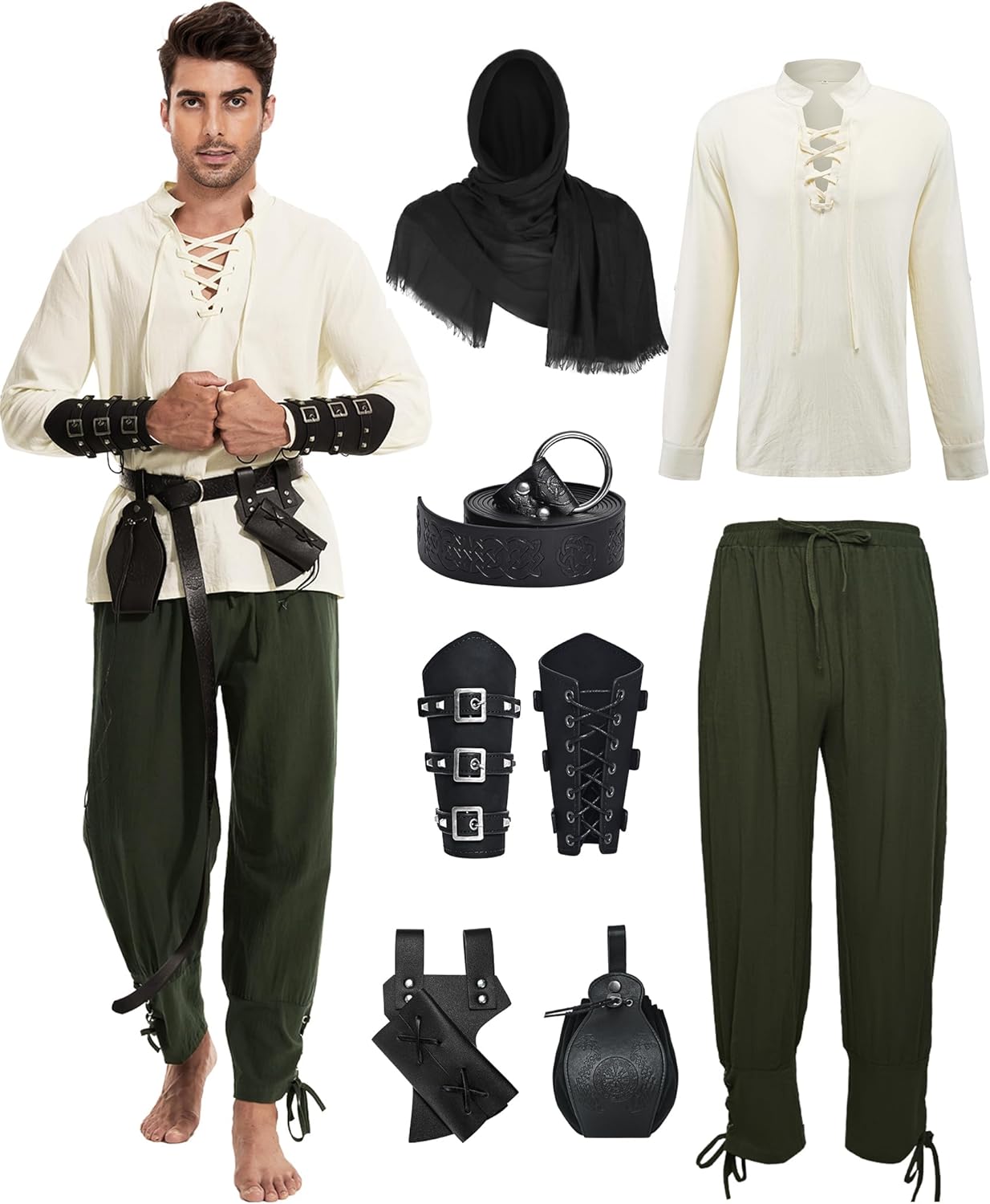 7 Pcs Men's Renaissance Costume Medieval Pirate Shirt Ankle Banded Pants Viking Costume Accessories Set