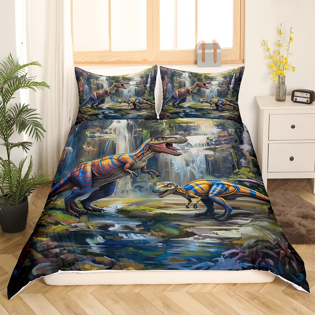 Dinosour Kids Duvet Cover Set Twin Size,Pine Trees Mountain Waterfall Bedding Set,Boys Girls Room Decor,Ancient Wildlife Jungle Animals Comforter Cover,Green Quilt Cover,1 Pillowcase(No Comforter)