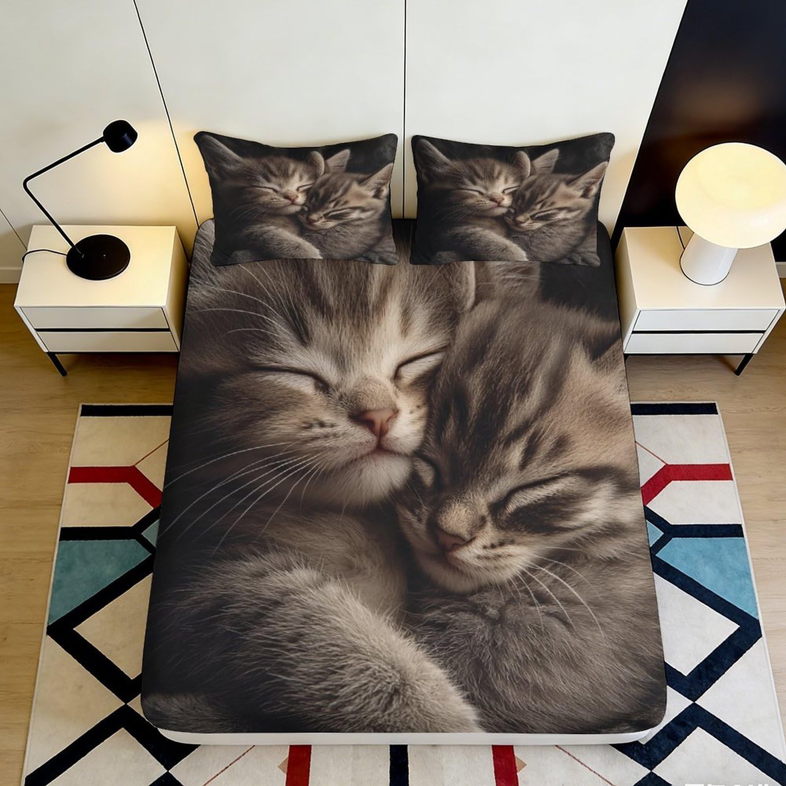 3D Printed Cute Cats Fitted Sheet Microfiber Soft Durable Cozy Sleeping Kittens Bed Cover for Bedroom Dormitory Guest Room Mattress Protection 180x200x25cm