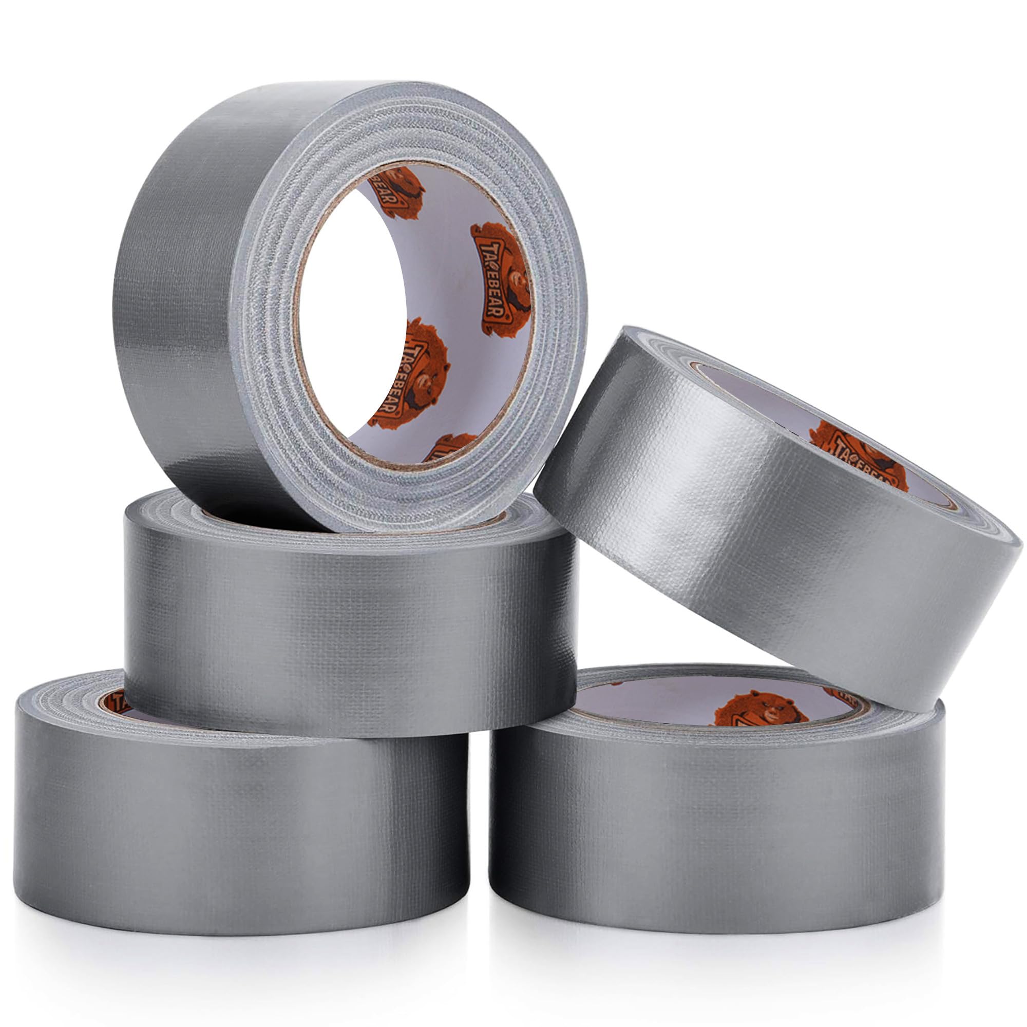 TAPEBEAR Cintas americanas Cinta adhesiva de tela 48mm x 27m, Ruban adhésif impermeable Cinta americana multiuso 9mil de espesor para Reparar, Fijar, Agrupar, Reforzar o Sellar, Plata, 5 rollos