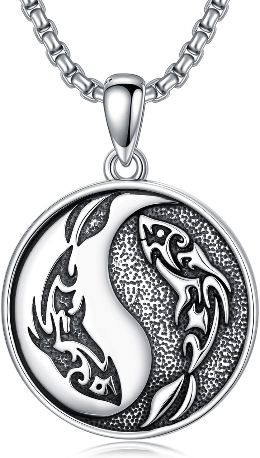 SIMONLY Yin Yang Necklace 925 Sterling Silver Dragon Scorpion Tiger Wolf Witcher Medallion Scorpio Jewelry Christmas Birthday Gifts for Men Women Unisex