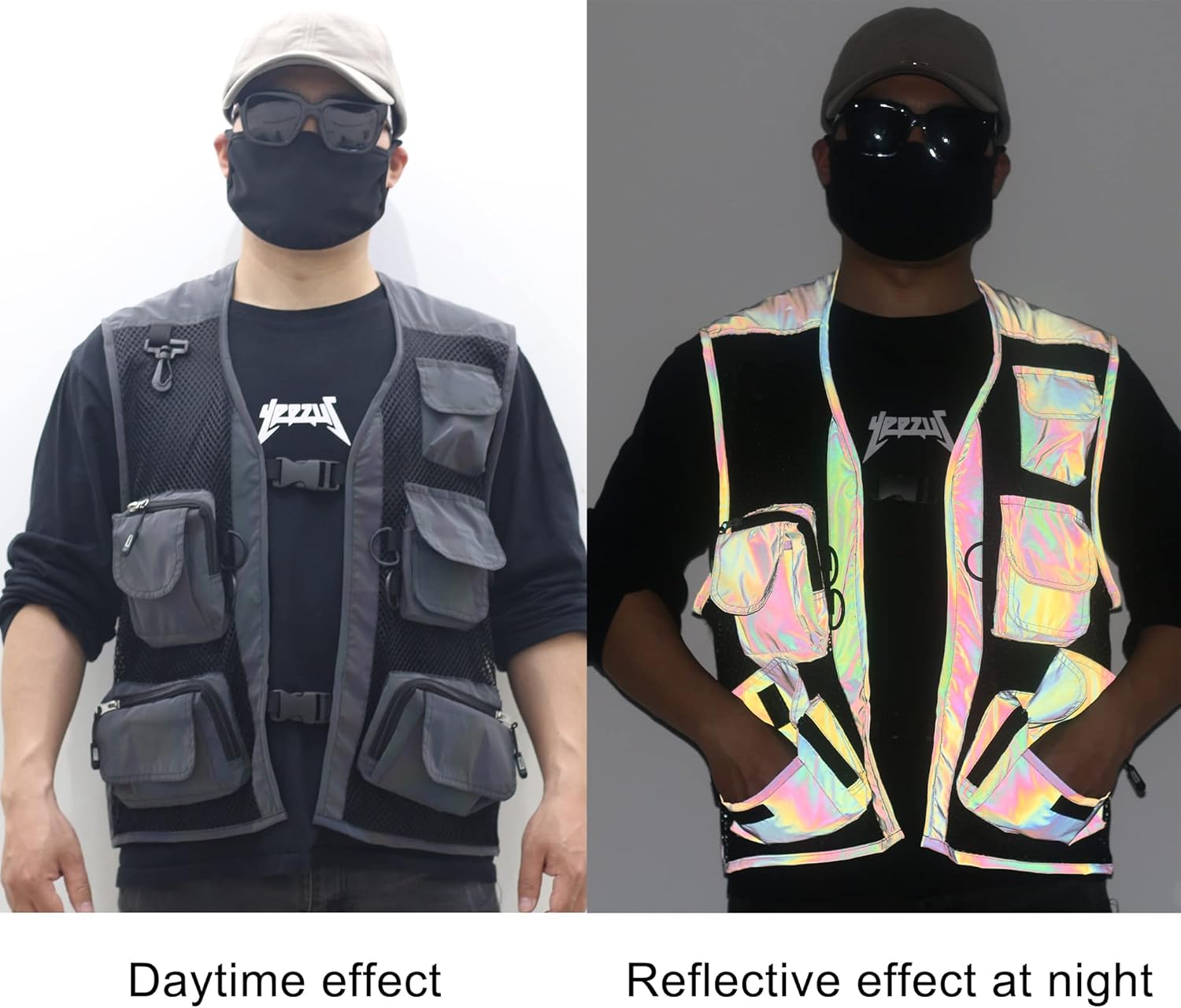 LZLRUN Mesh Rainbow Reflective Cargo Multi-pocket Vest for Men Fishing Outdoor Work Jacket