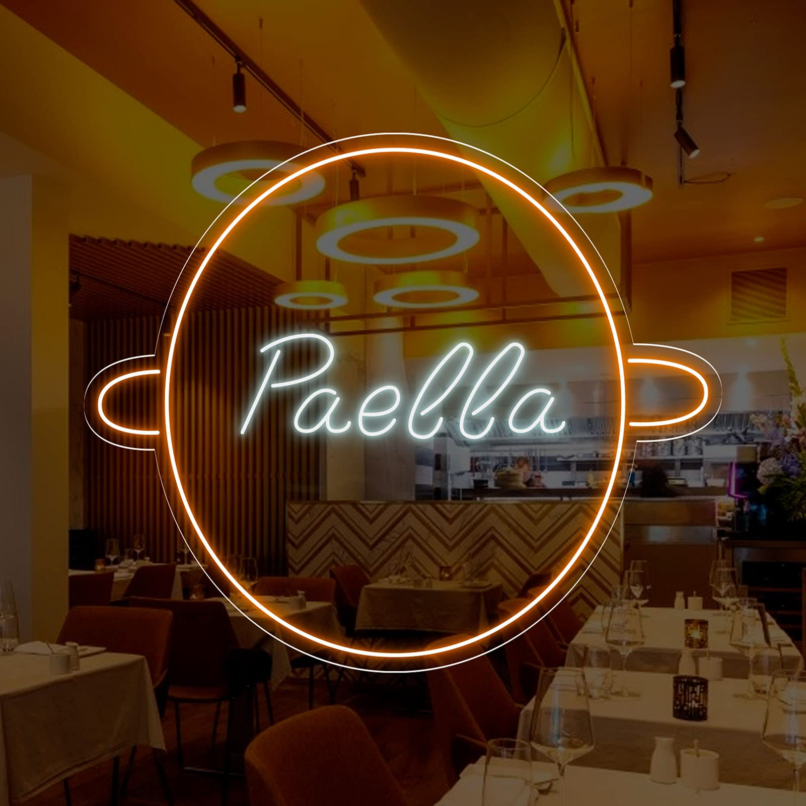 Neon Luces Pared Carteles Letrero Comida Restaurante Feliz -55cm - Personalizable - Multi modelos para elegir - Con Mando a la Distancia- Interior (Neón para Restaurante "Paella")