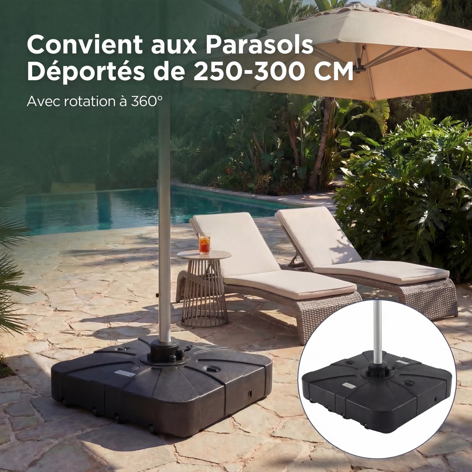 GOPLUS Pied de Parasol Déporté Extérieur 130KG avec roulettes, Support Parasol Lourd avec Base Carrée 84CM Remplissable à Eau et à Sable, Portable pour Pelouse, Jardin et Patio