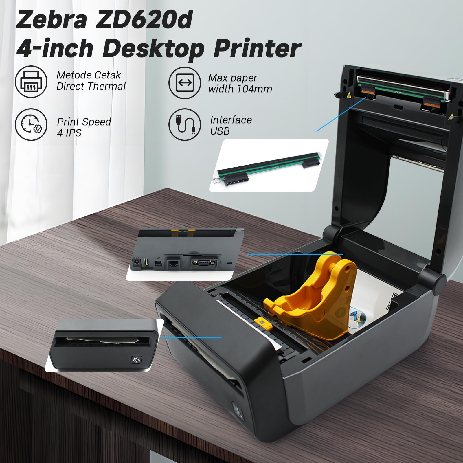 Zebra ZD620d Bezpośrednia termiczna drukarka biurkowa 203 dpi szerokość druku 10 cm z obcinaczem Bluetooth i Ethernet szeregowy USB | ZD62042-D21F00EZ