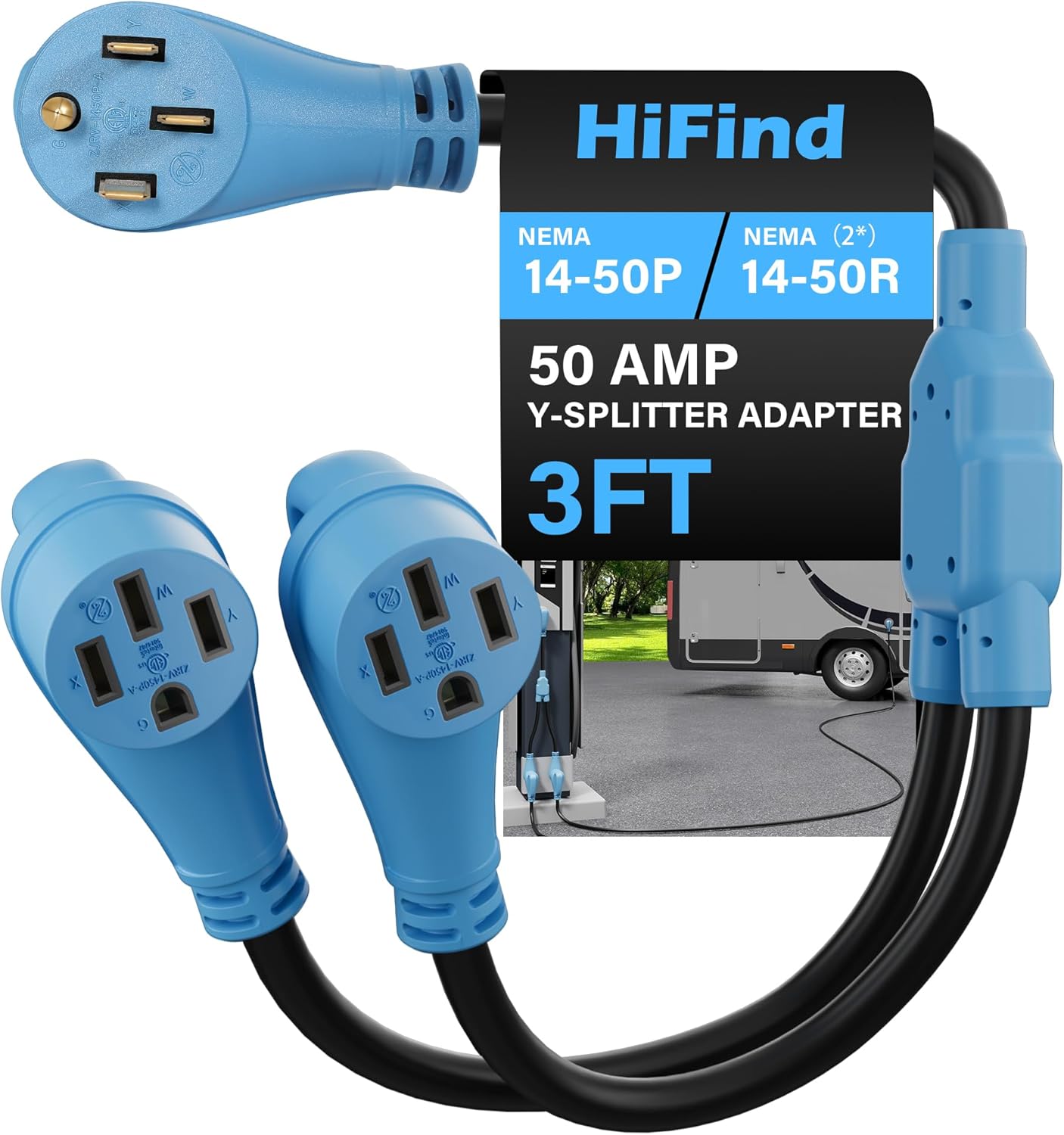 50 Amp Y Splitter Adapter Cord 3 Ft for RV EV Charging, 4 Prong 250V NEMA 14-50P to (2) 14-50R for Power Extension Plug & Auto/EV/Tesla Model 3/S/X/Y, Heavy-Duty 6/3+8/1 Gauge STW Outdoor, ETL-Blue