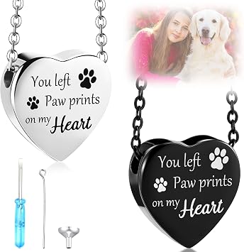 Yinkin 2 Pcs Pet Cremation Jewelry for Ashes Urn Necklace with Paw Print Heart, Pet Dog Necklace Stainless Steel Pendant Black and Silver Urn Locket with Funnel Kit for Dog Cat Ashes Classic