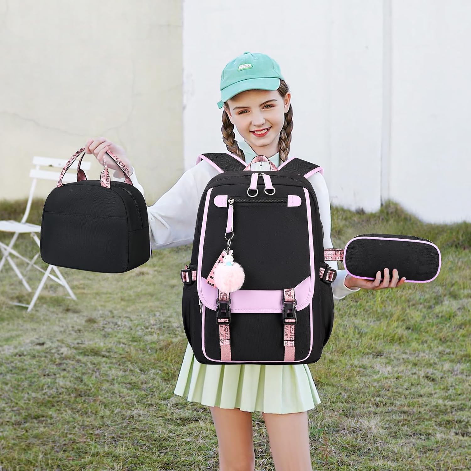 Bevalsa School Backpack for Girls, Backpack with Lunch Box & Pen Case, Bookbag for Girls Kids Elementary Middle High School Student 21L Children Schoolbag (Purple Black)