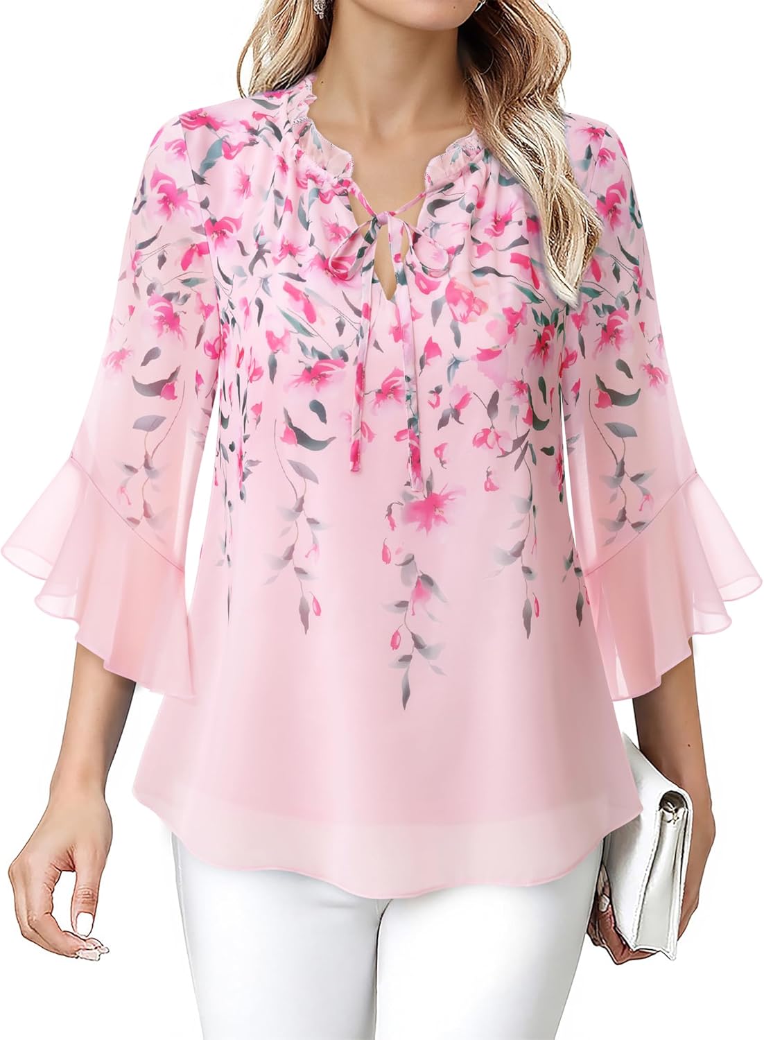 Lotusmile Women's Dressy Casual or Work Business Blouses Trendy Ruffle Neck Shirts 3/4 Sleeve Chiffon Tops - Image 2