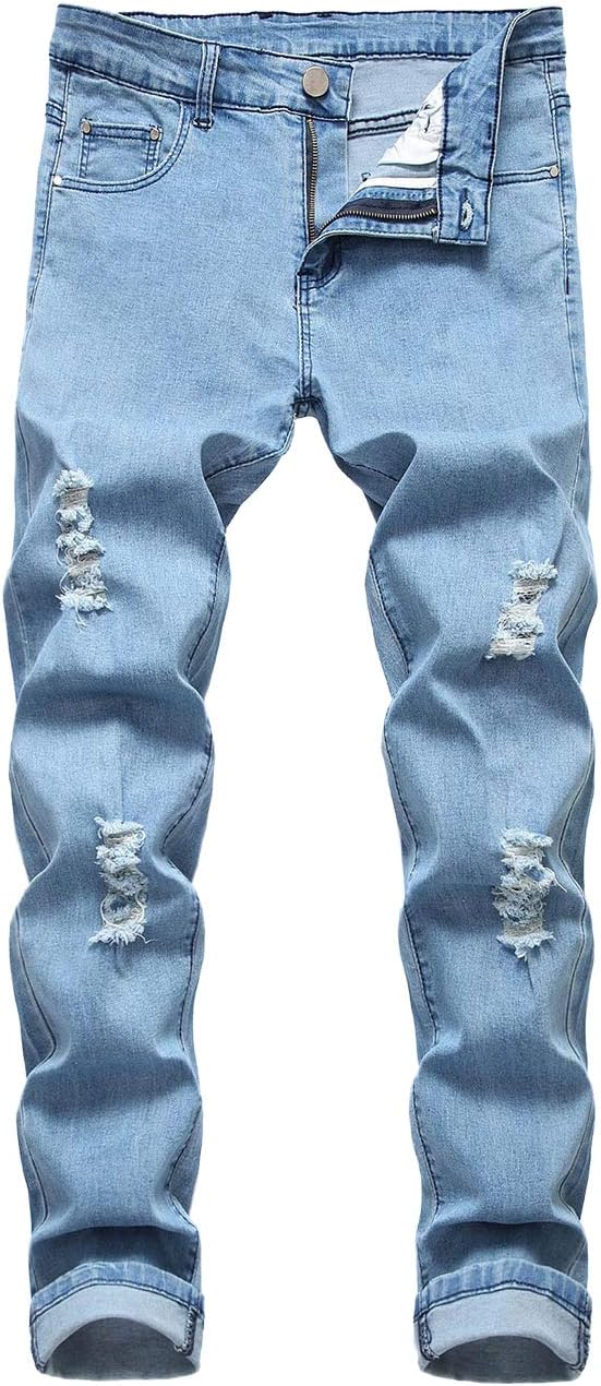 WISHPIG Men's Skinny Ripped Distressed Stretch Washed Denim Pants Straight Jeans