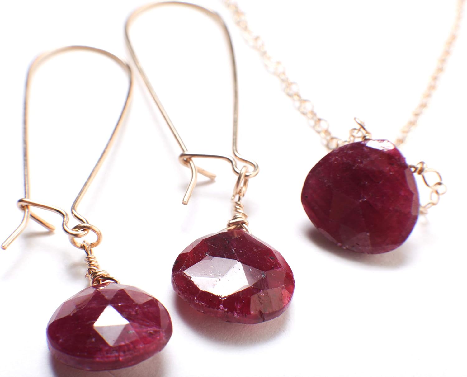 Ruby Necklace Set, Genuine Ruby Faceted 12mm Heart Briolette Teardrop Earrings and Necklace in 14K Gold Filled Cable Chain & Kidney Earwire