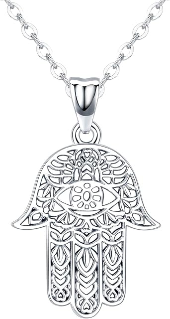 Hamsa Hand Necklace for Women Girls,S925 Sterling Silver Fatima Hand Pendant Necklace Vintage Fatima Evil Eye Pendant Jewelry,Sacred Lotus Charm Jewelry Gift Women's Path of Symbols Friendship