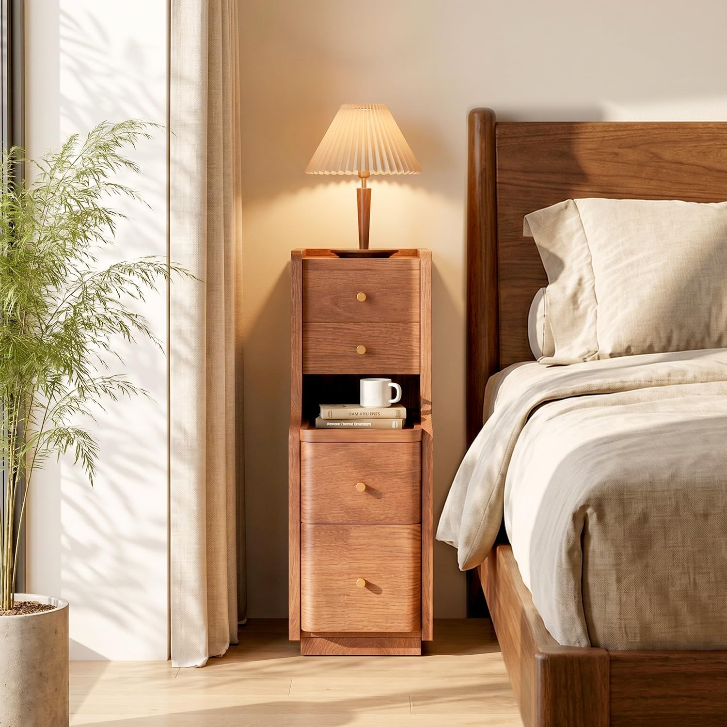 Narrow Nightstand with 4 Drawers, 7.9" Solid Wood Narrow Bedside Table Walnut with Open Shelf & Cable Hole, Modern Night Stand Slim Bedside Table for Bedroom(Fully Assembly)
