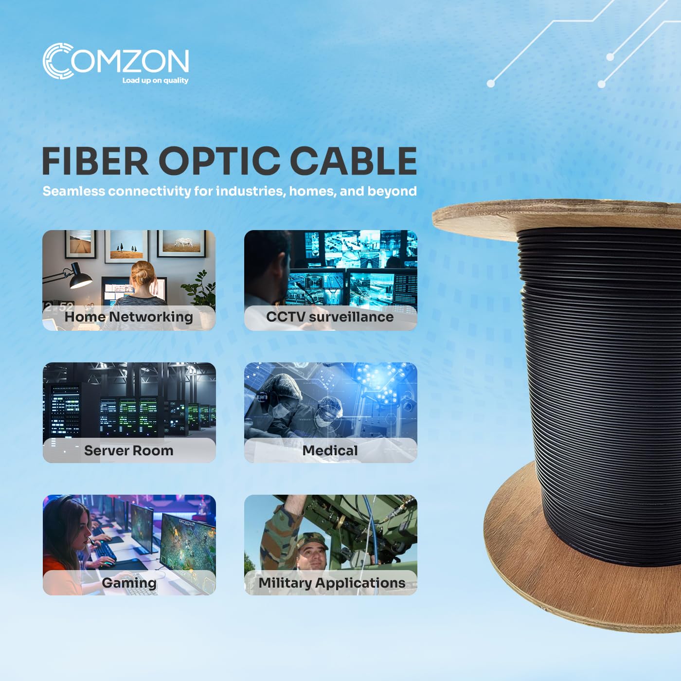 COMZON Plenum Rated 12 Strand Indoor/Outdoor Fiber Optic Cable, OS2 9/125 Singlemode, Corning, Black PVC, Water-Blocking, High-Speed for Long-Distance Runs, 2000ft