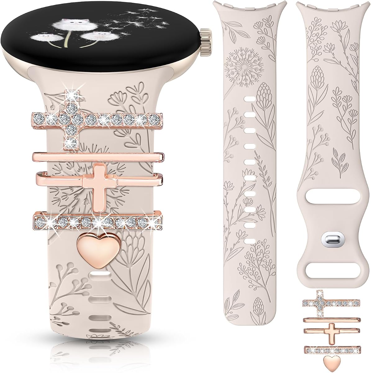 Floral Engraved Band Charms Compatible with Google Pixel Watch 4/3 41mm/ 2/1 Bands Women, Cute Soft Silicone Flower Straps with Decorative Ring Loop for Pixel Watch 2 (With Band), Starlight