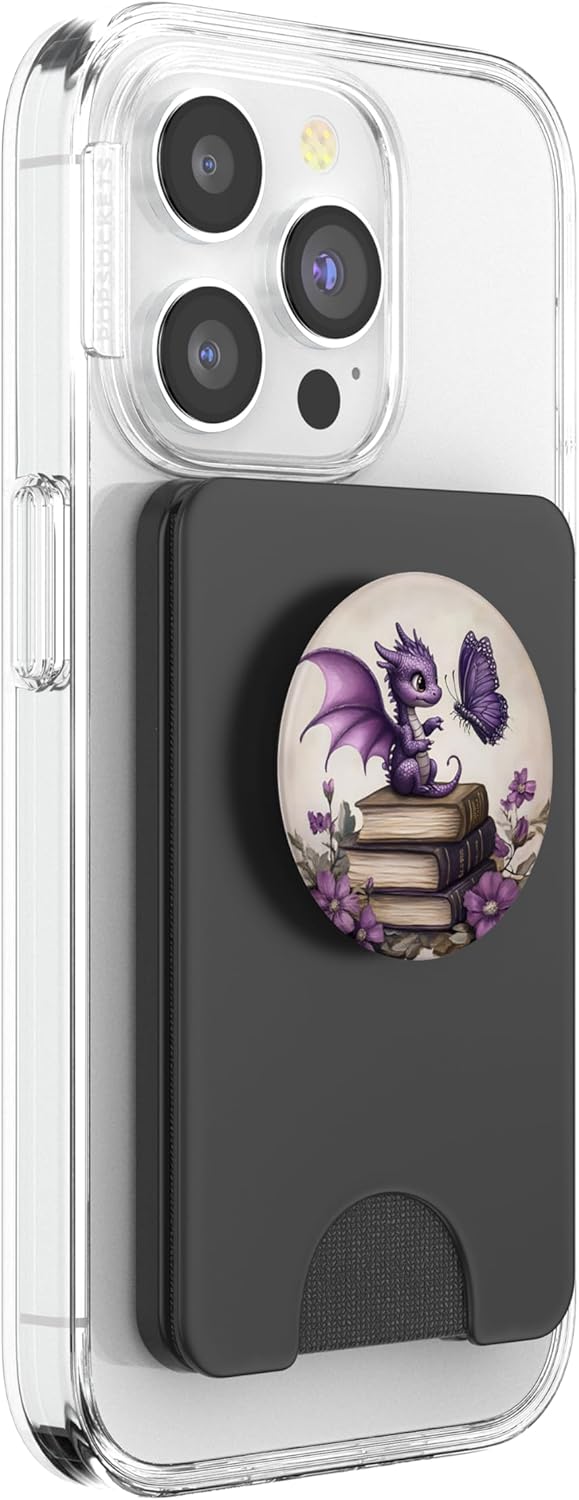 Cute Dragon Butterfly Book Themed Purple Floral Aesthetic PopSockets PopWallet for MagSafe