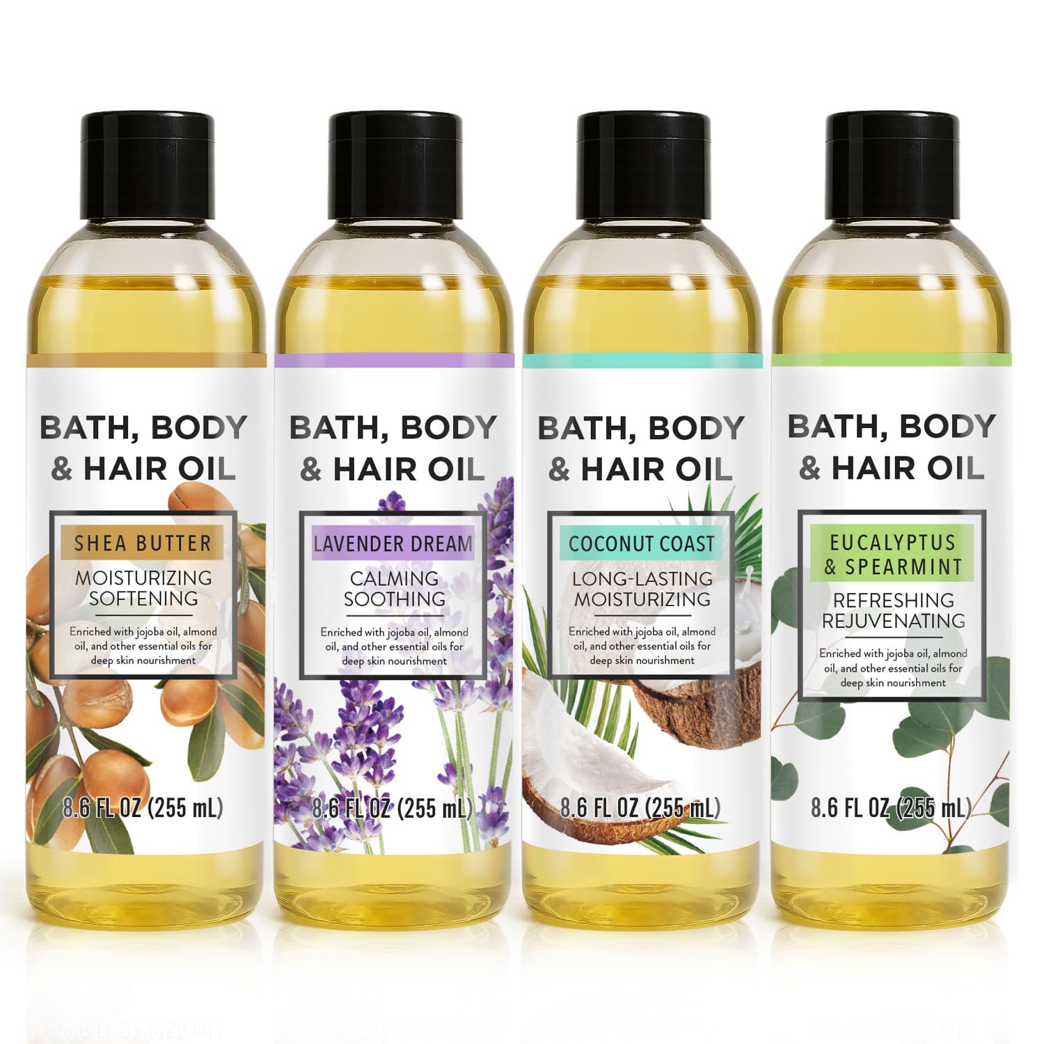 Bath Oil Body Oil with Shea Butter, Lavender, Eucalyptus Mint, Coconut Scent Bath Oils, Gifts for Women, 34.4 fl oz (Pack of 4)
