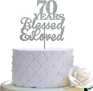 JIEEIN 70 Years Blessed & Loved Cake Topper for 70th Birthday, Wedding Anniversary Party Decorations - Double Sided Silver Glitter