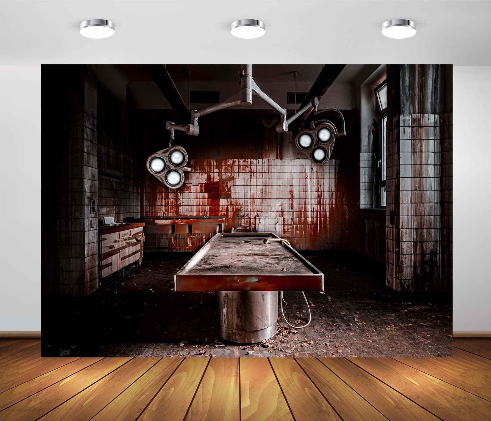 BELECO 4.6x3m Stoff Horror Halloween Krankenhaus Hintergrund Verlassenes Krankenhaus Pathologie Blutige Wand Spukende Leichenhalle Irrenanstalt Halloween Party Deko Banner Requisiten