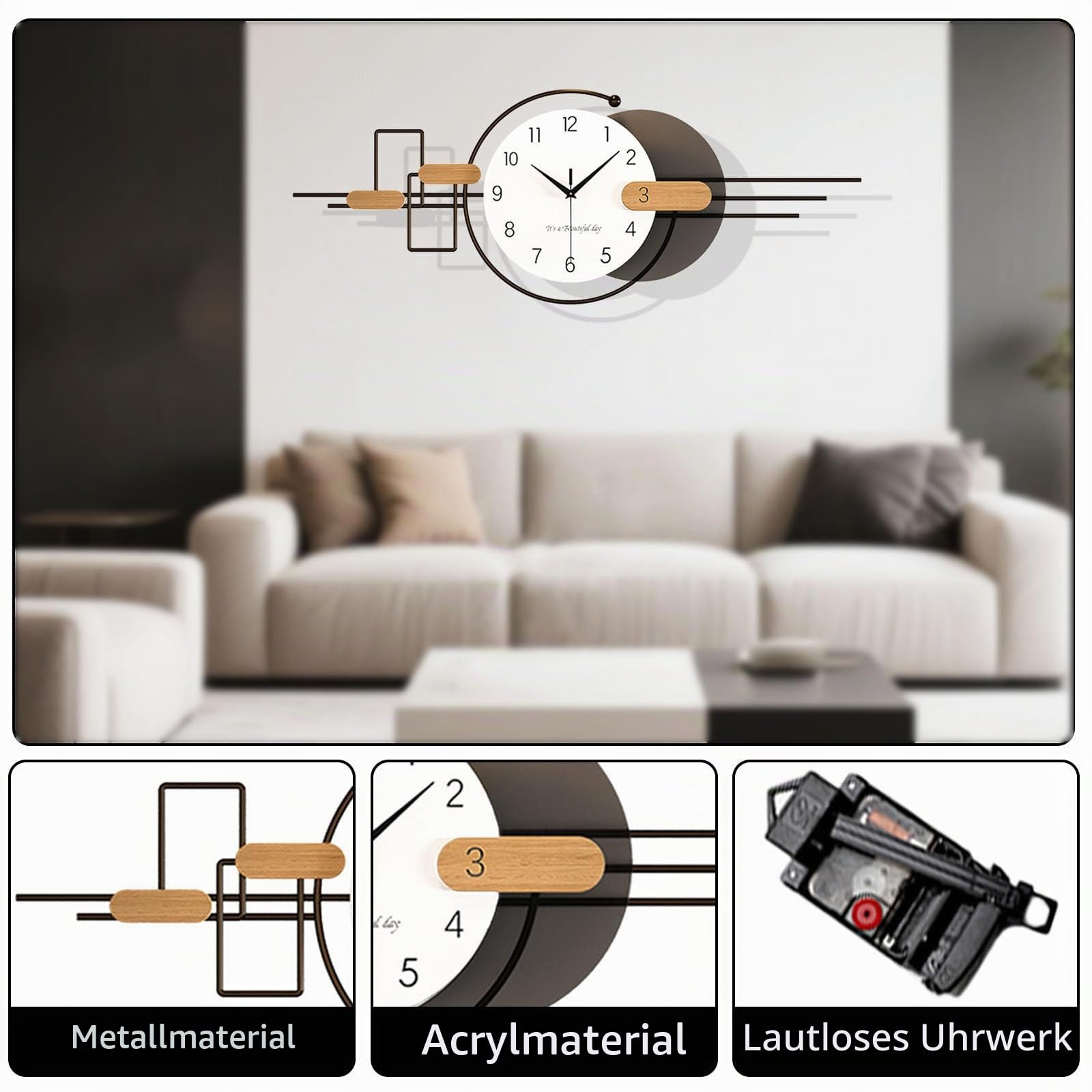 Wanduhr Groß XXL, Minimalistisch Modern Wanduhren, Stille Wanduhr Ohne Tickgeräusche für Wohnzimmer Schlafzimmer Küche Büro Haus