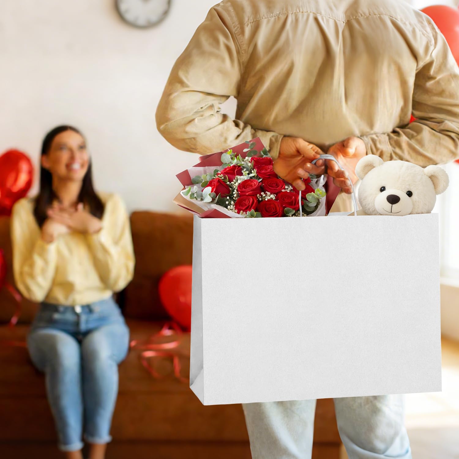 50 sztuk torebek na prezenty XL z uchwytami, małe przedsiębiorstwo, białe torebki na prezenty z papieru typu kraftowego, na urodziny, wesela, Dzień Matki, torby na zakupy, do zastosowań komercyjnych